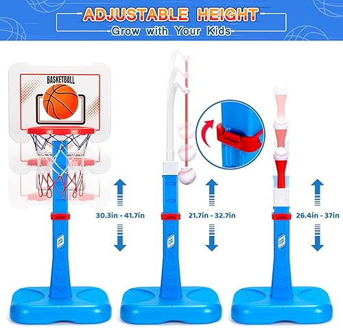 Miniatura 3 de Juego de aro de baloncesto 3 en 1 y pelota en T, altura ajustable, juego de baloncesto para niños, camiseta colgante, juguetes deportivos para