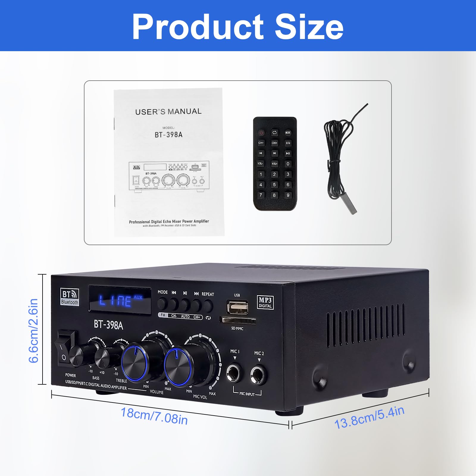 Amplificatore HI-FI Audio 1000W Picco, Bluetooth 5.3, 2 Canali (60W+60W RMS), per Altoparlanti da 10", Controlli Bassi/Alt, AUX/FM/MIC/USB – Per Home Theater e Auto (398A)