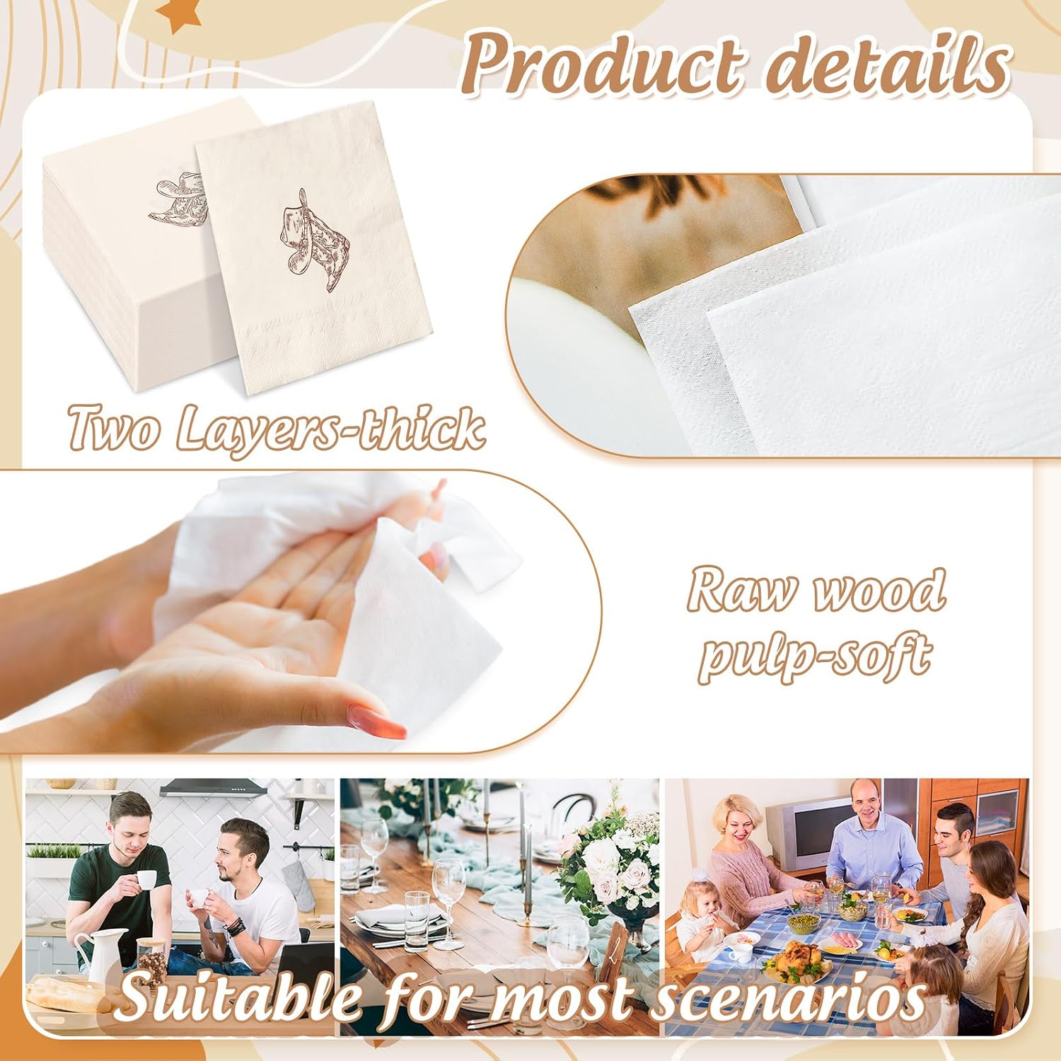 Whaline 50Pcs Western Cowboy Cocktail Napkins Brown Boots Hats Disposable Paper Napkin Last Rodeo Drink Beverage Napkin for Bachelorette Birthday Cowgirl Theme Party Supplies image 3