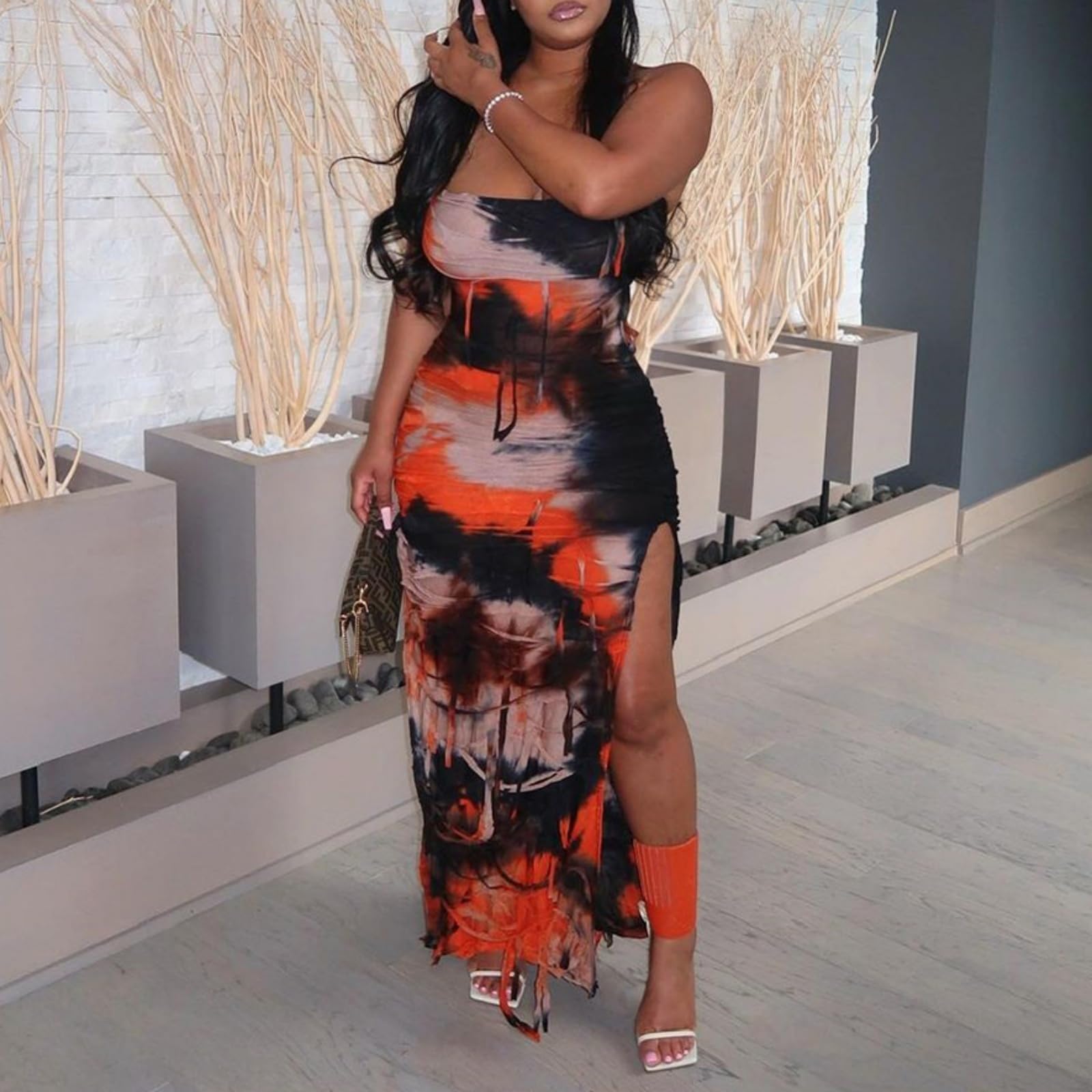 Novaorily Women Sexy Tie Dye Fringe Bodycon Dress Y2K Sleeveless Split Evening Cocktail Formal Gowns for Party Club Night