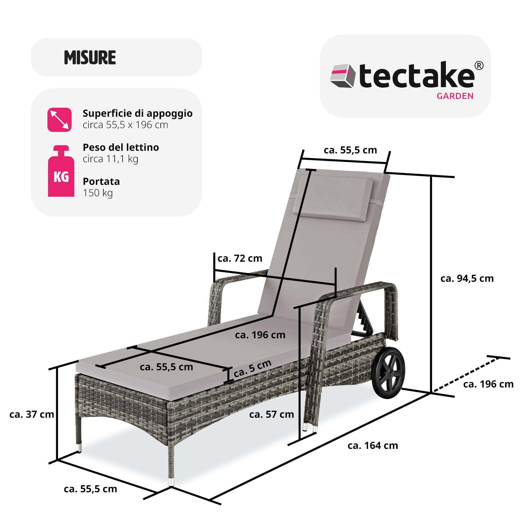 tectake® Lettino prendisole Cassis in Alluminio e Rattan, Design Molto Elegante, con Ruote, Adatto per Uso Interno ed Esterno, Poggiatesta Lettino, da Giardino - Grigio