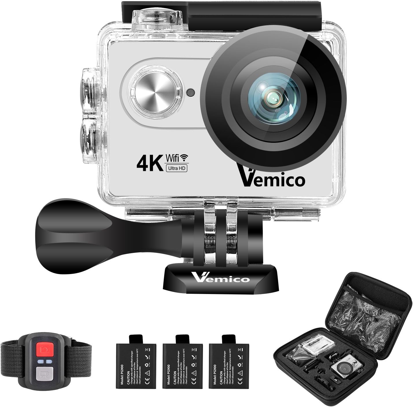 Action cam, Vemico 4K action camera, wifi helmet camera, waterproof to 40m, 2.0 inches display with 2.4G remote and 3 rechargeable batteries