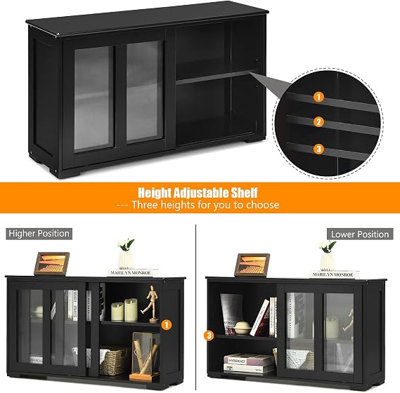 GLOBALWAY, Stackable Storage Cabinet with Height Adjustable Shelves & Glass Sliding Doors, Cupboard Server Buffet Console Kitchen Sideboard, Black