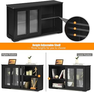 GLOBALWAY, Stackable Storage Cabinet with Height Adjustable Shelves & Glass Sliding Doors, Cupboard Server Buffet Console Kitchen Sideboard, Black