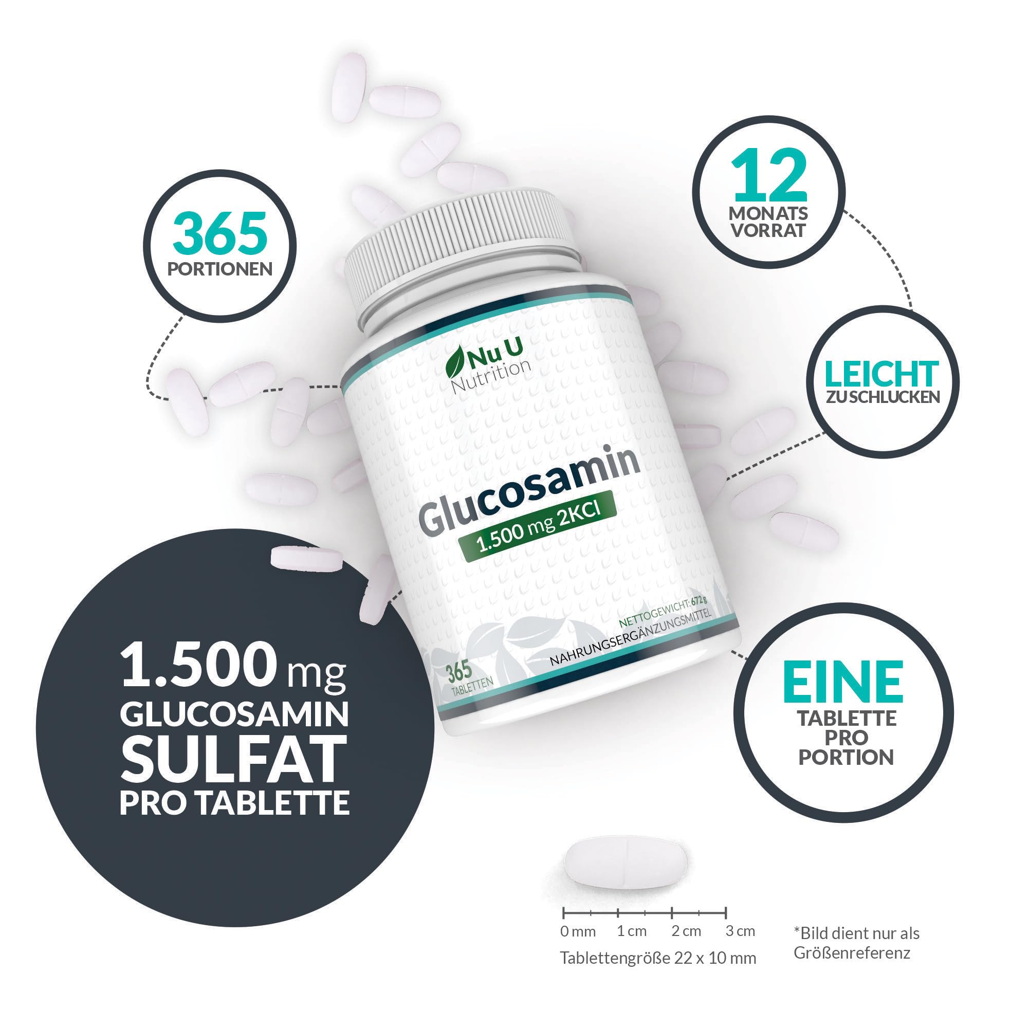 Glucosamin 1500mg 2KCI Hochdosiert - 365 Tabletten - 12 Monate Vorrat - Versorgung für ein Jahr - Nu U Nutrition