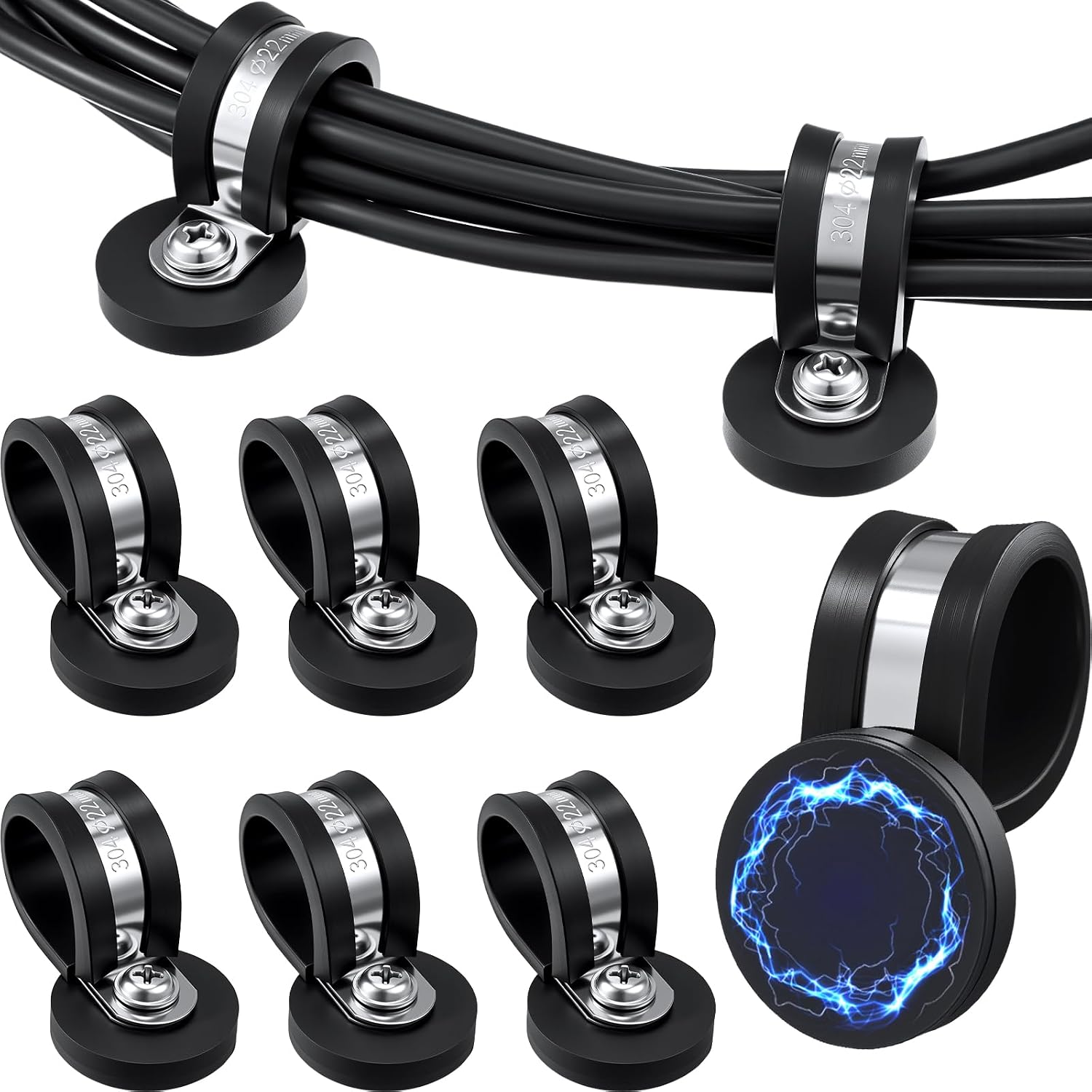 LEIFIDE 6 Pack 3/4 Inch Magnetic Cable Clamps, Heavy Duty Rubber Cushioned Insulated Clamp, Stainless Steel Cable Clamps, Non-slip Insulated Cord Clips Holder for Wire, Cord, Tube, Loop Installation