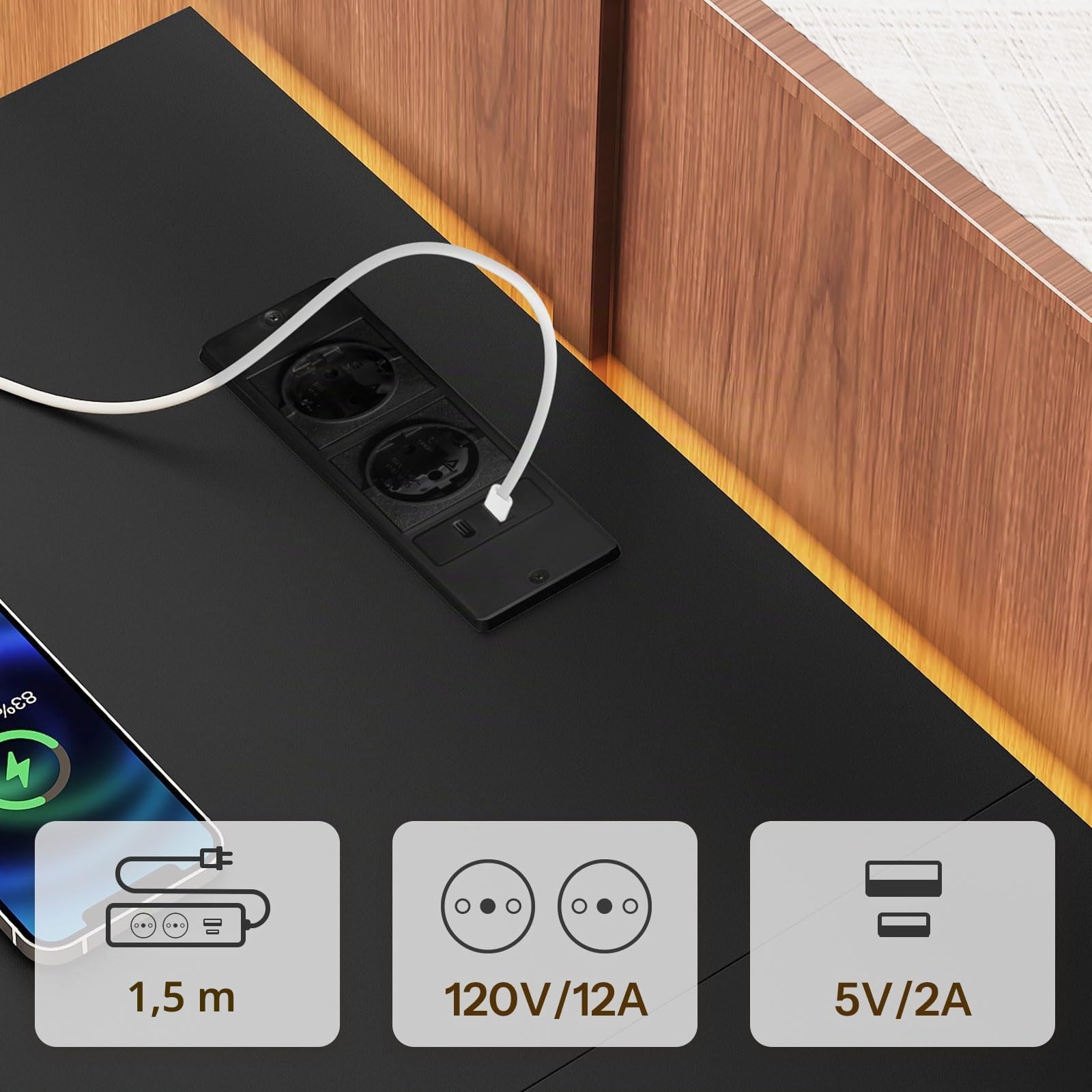 YATINEY Meuble TV Flottant, pour télé de 45'' Pouces maximale, Console Média avec Station de Charge et Ruban LED, 2 tiroirs, Centre de Divertissement pour Salon, Chambre, Noir XDS03CDBB