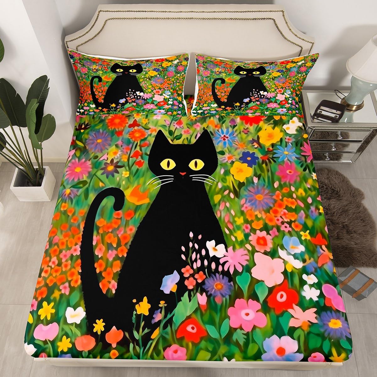 Cute Cat Fitted Sheet Twin Size,Colorful Flower Spring Garden Bedding Set for Kids Girls Boys Teens Room Decor,Black Pet Animals Botanical Bed Sheet Romantic Vintage Rustic Deep Pocket Sheet 2Pcs