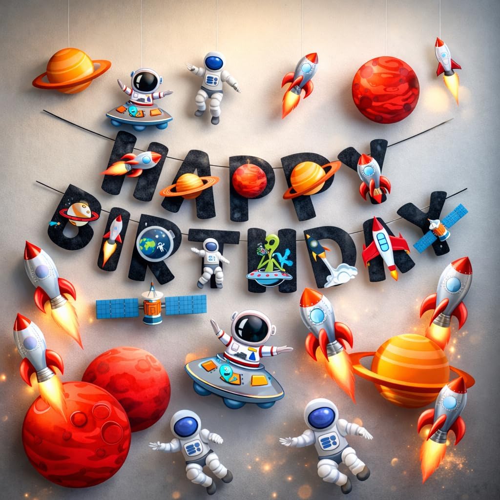 Space Birthday Banner for Kids Party | Astronaut Theme Happy Birthday Decoration for Boys Celebration at Home (Pack of 32) Space Theme Birthday Cutout-image-34