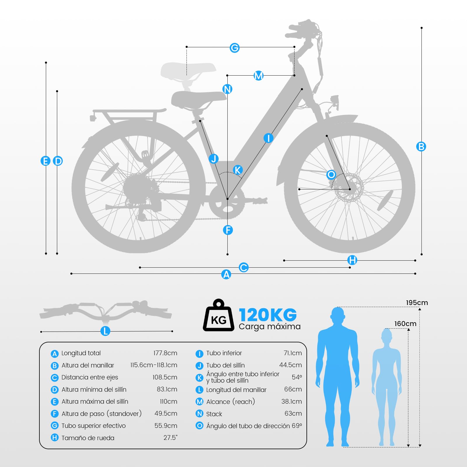 Bicicleta eléctrica de 27,5" para Mujer, Motor 250W, batería 36V 15,6Ah, autonomía hasta 100 km, Frenos de Disco mecánicos, suspensión Delantera, 7 velocidades