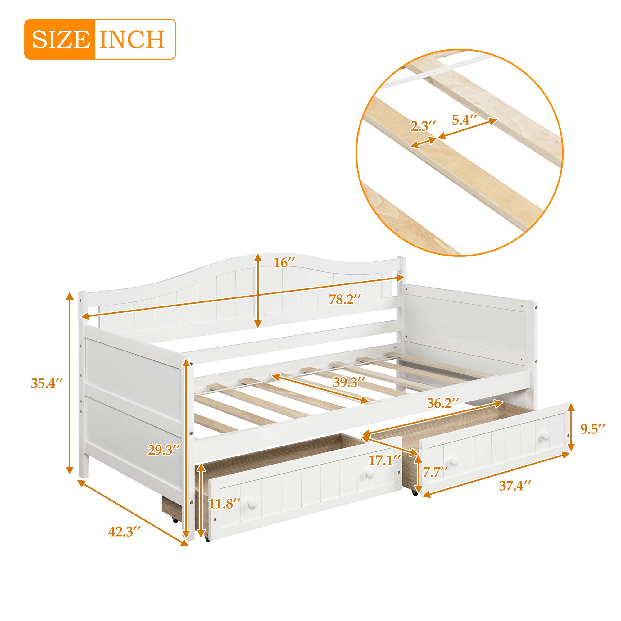 Wooden Twin Daybed Frame with 2 Drawers,Wooden Sofa Bed for Bedroom