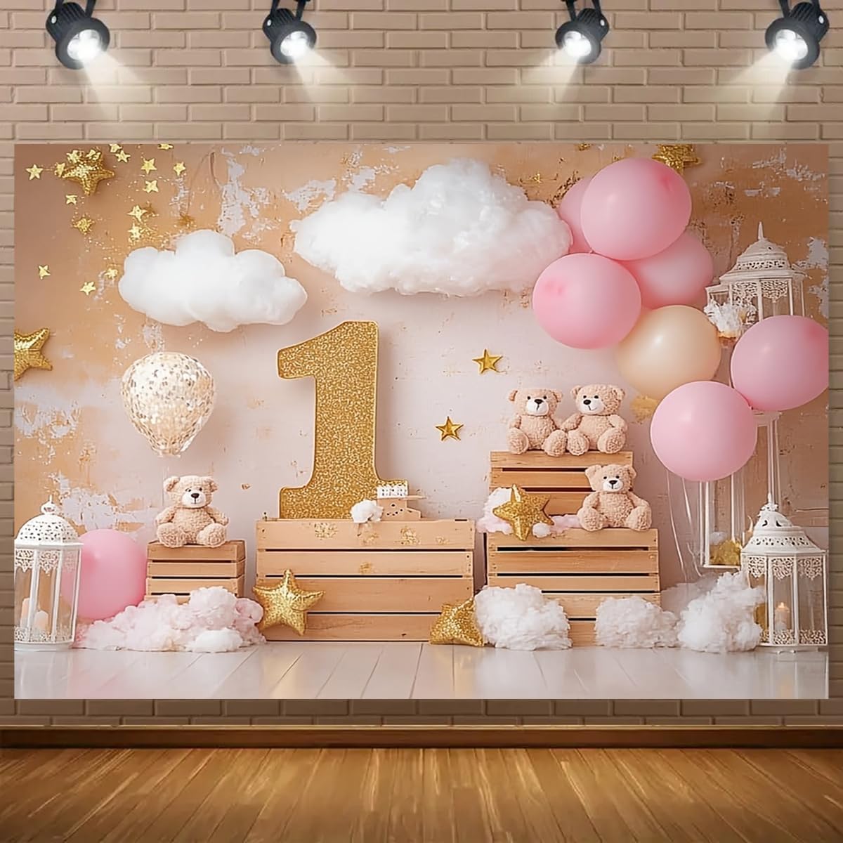 Pink Golden First Birthday Backdrop Balloon Bear Cloud Photography Backdrop Bear 1st Party Cake Smash Backdrops One Birthday Party Decorations