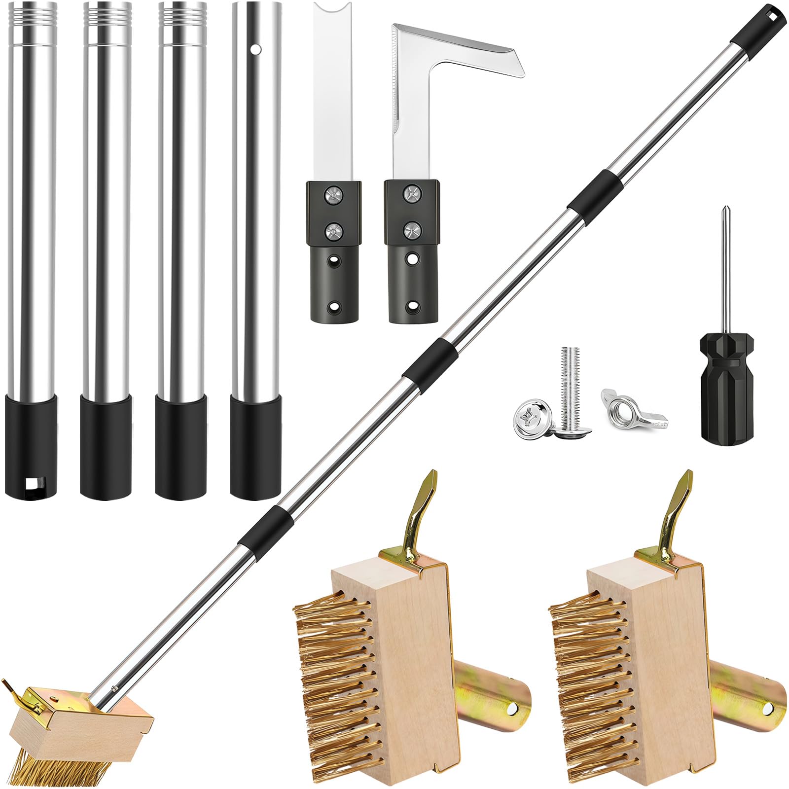 Fugenbürste Unkraut, Fugenkratzer mit 160 cm Edelstahl Stiel, Unkrautbürste mit 2 Arten Fugenkratzer und 2 Bürstenköpfe, Drahtbürste zum leichten Entfernen von Moos an Plattenfugen und Mauerkanten