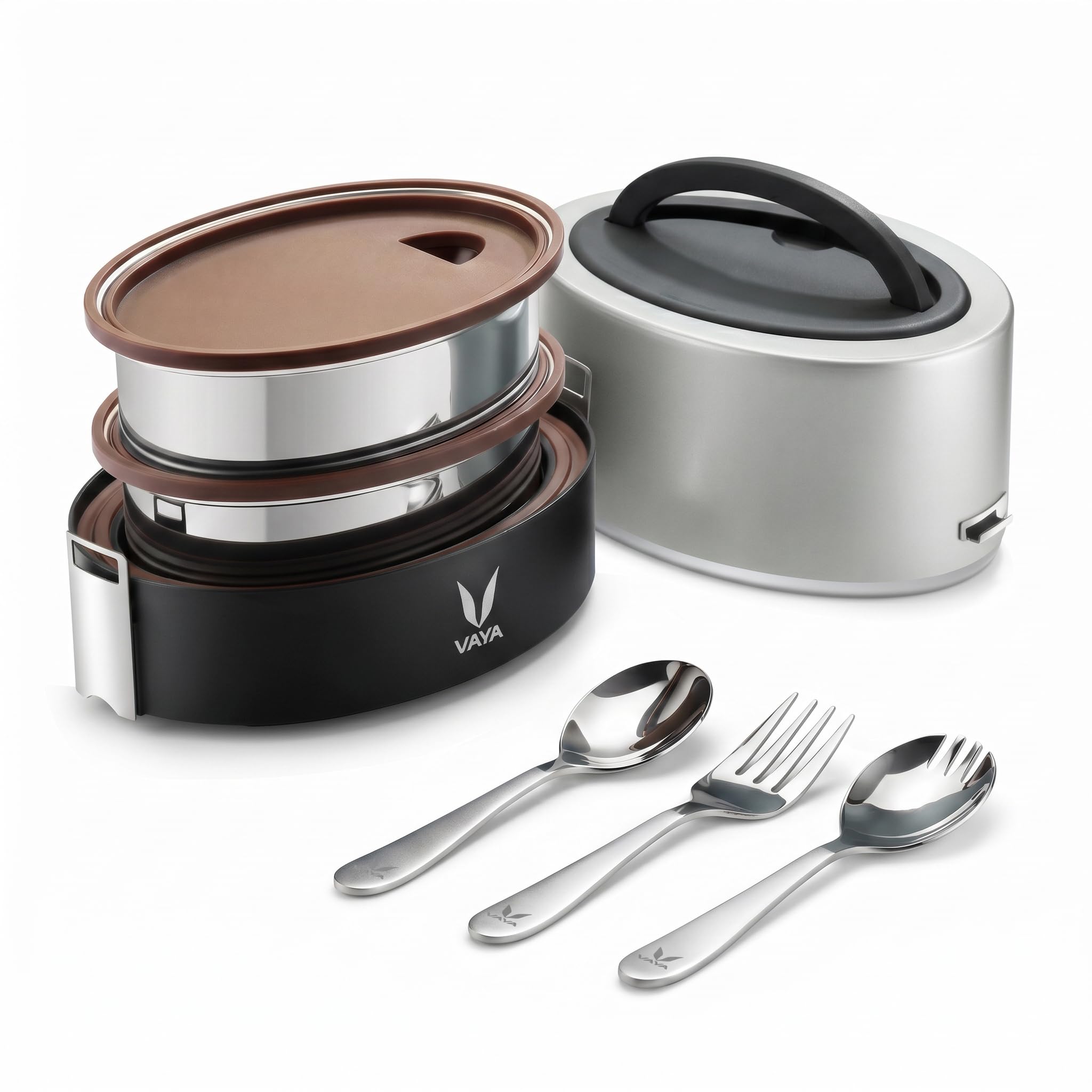 VAYA TYFFYN Lunch Box with Cutlery Set Combo, 600ml Stainless Steel Insulated Tiffin Box, 2 Leakproof Containers, Spoon, Fork & Spork Included, Silver-image-26