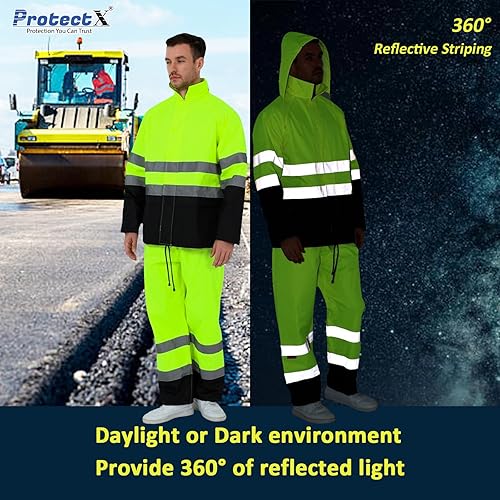 Miniatura 2 de ProtectX Hi Vis - Traje de lluvia para hombre, equipo de lluvia para hombres, chaqueta de seguridad reflectante impermeable de alta visibilidad,