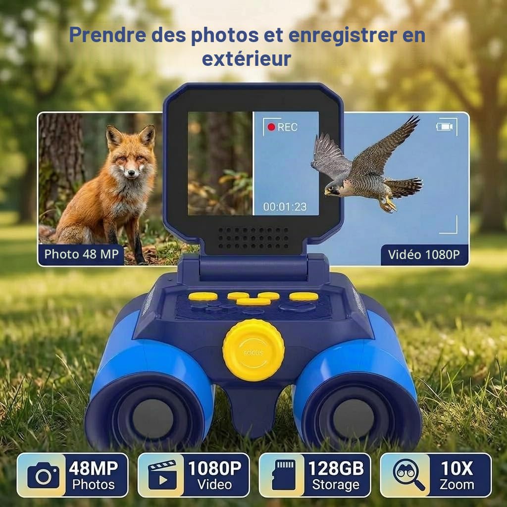 Jumelles Enfant Zoom Optique 10x Appareil Photo 48 MP Vidéo 1080P Vision Nocturne 25 m Bleu Foncé