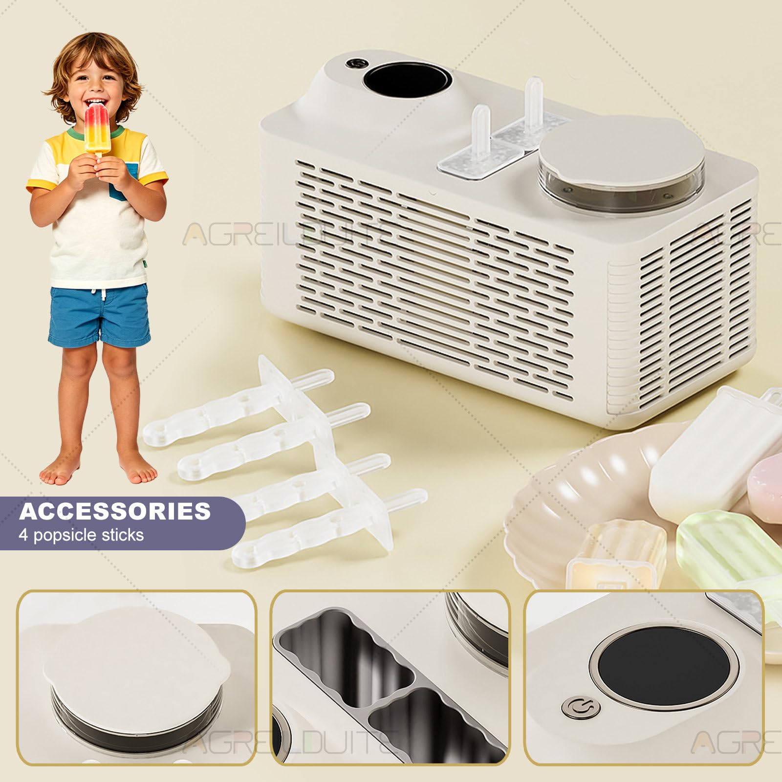 Mini máquina de hielo portátil — Fabricador de hielo de 12 V con función rápida de preparación de paletas en 30 minutos y doble fuente de alimentación; ideal para el hogar y el automóvil. Off-White