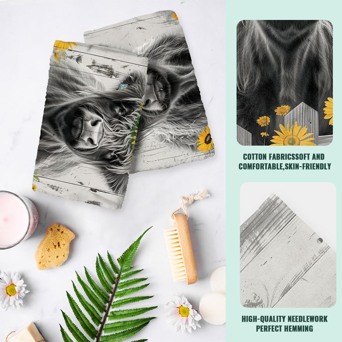 FuWeave Set Of 6 Highland Cattle Kitchen Towels – Absorbent Microfiber, Sunflower & Cow Design, 14x21 Inches, Farmhouse Decor