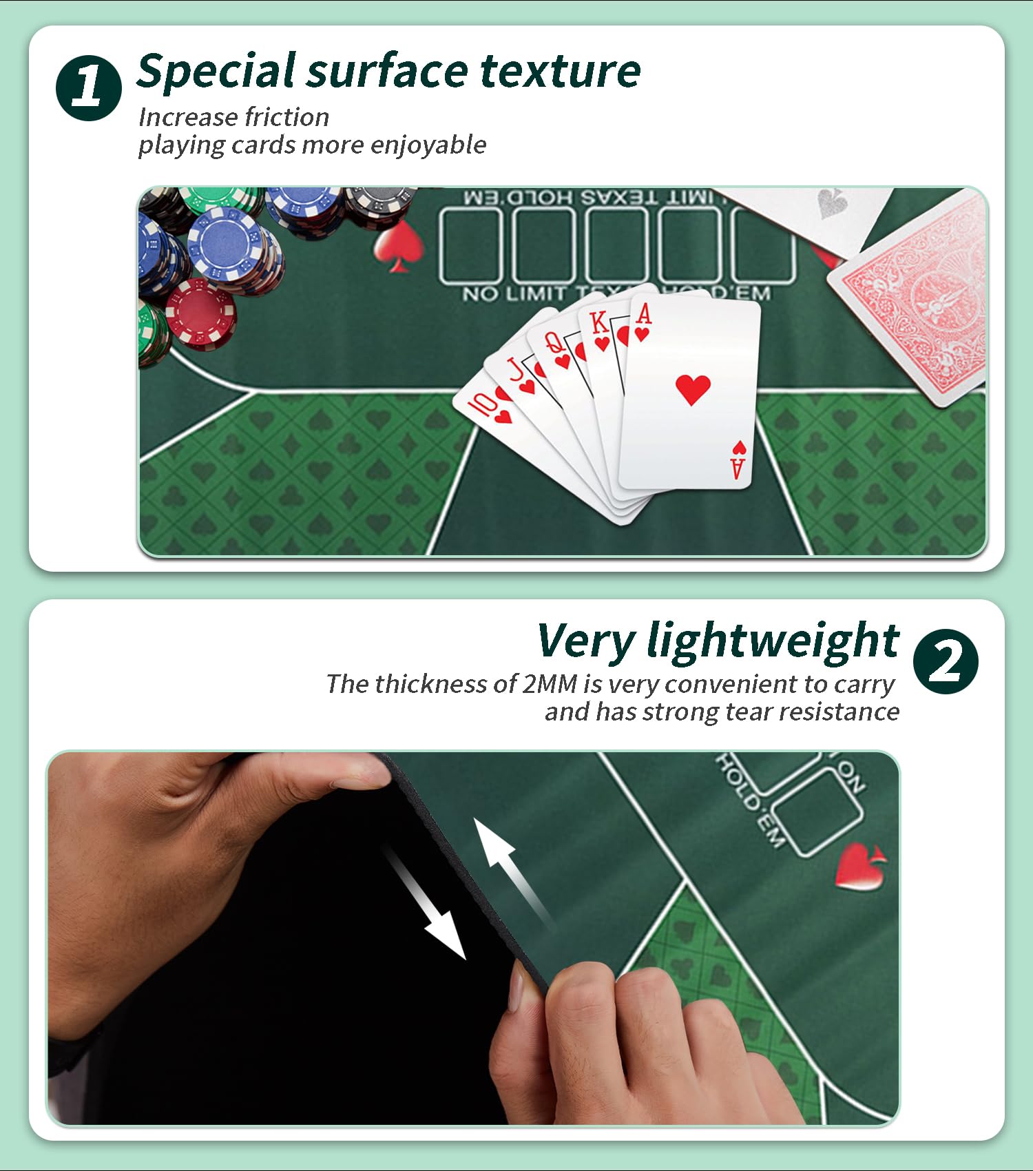 LaiEr 10 giocatori Texas Hold'em Poker Tappetino da poker in gomma per tavoli Tavolo da poker portatile pieghevole Blackjack CasinoSelezione di dimensioni multiple (240*120*0.2cm,Green)