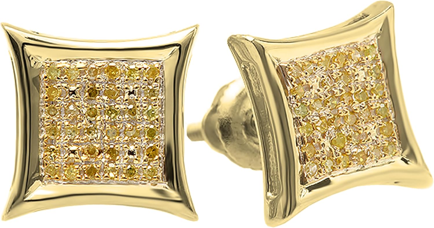 Dazzlingrock Collection 0.15 Ctw Natural Round Yellow Diamond 9mm Kite Hip Hop Iced Out Studs in Yellow Gold Plated Silver, Unisex Design Ladies,Mens Real Diamond Earrings