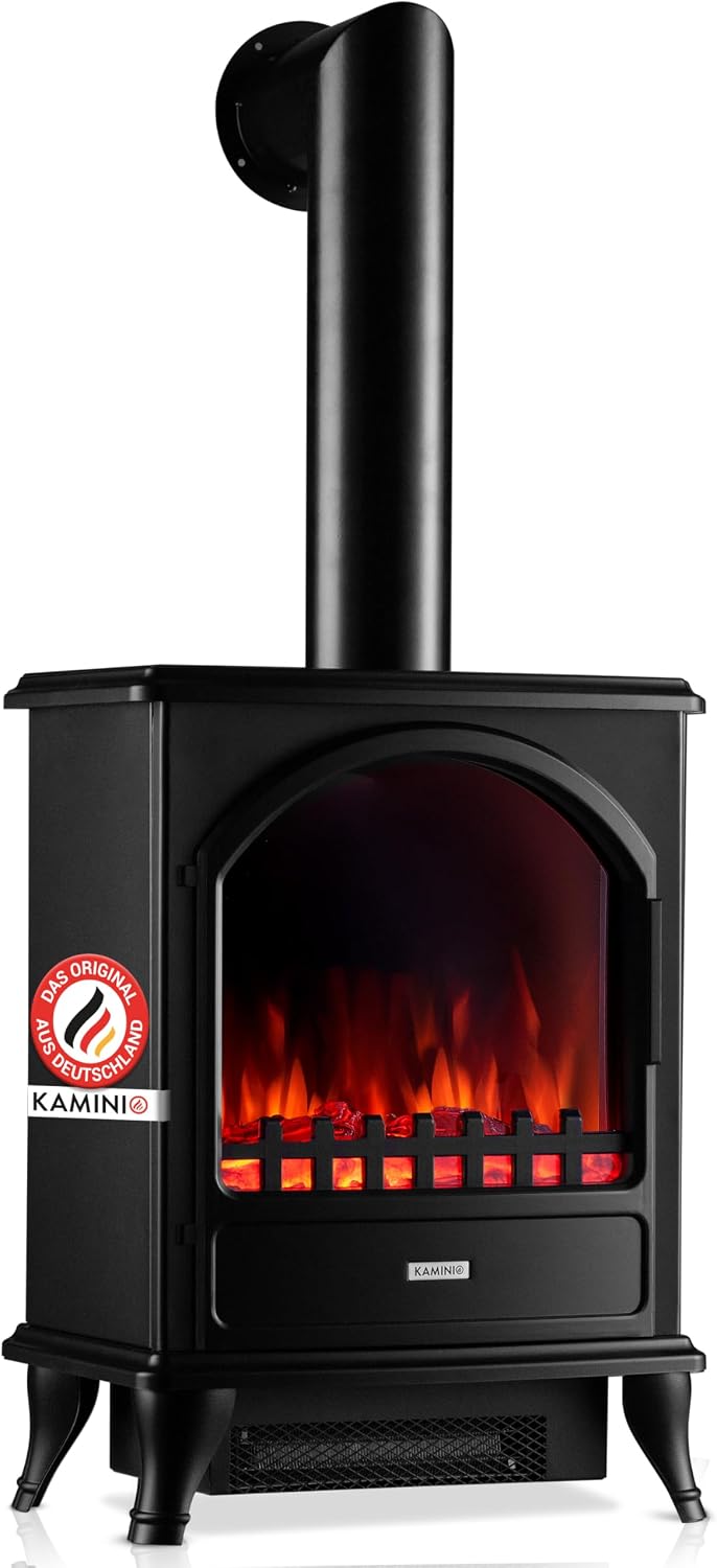 KAMINIO Leni Electric Fireplace with Stove Pipe - Electric Fireplace with Heater 3D Flame Effect Black