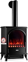 Leni Electric Fireplace with Heater, 3D Flame Effect (Black with Pipe)
