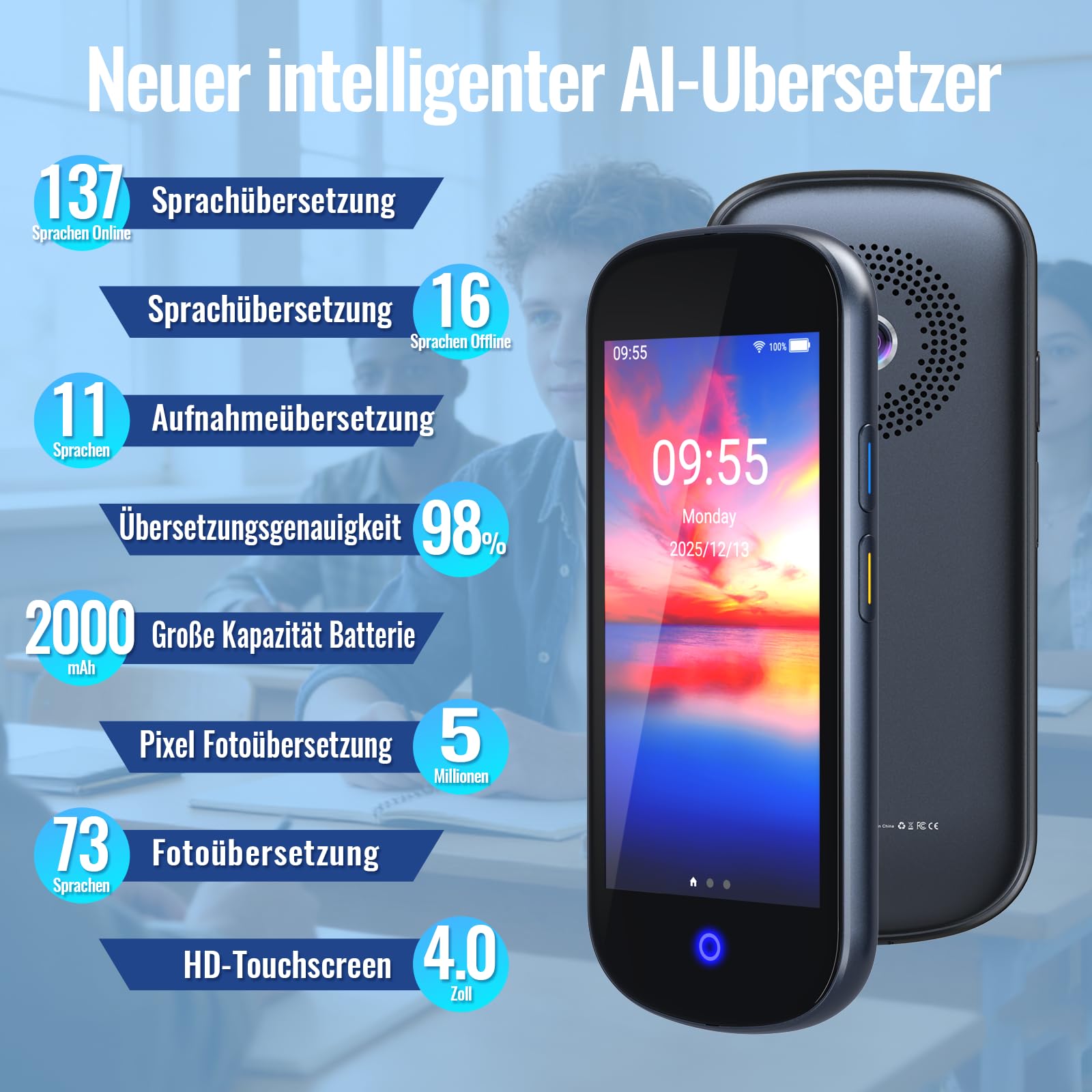 SKARA Sprachübersetzer Gerät, 137 Sprachen & Akzente, Offline-, WiFi- & Foto Übersetzung, Echtzeit Übersetzer