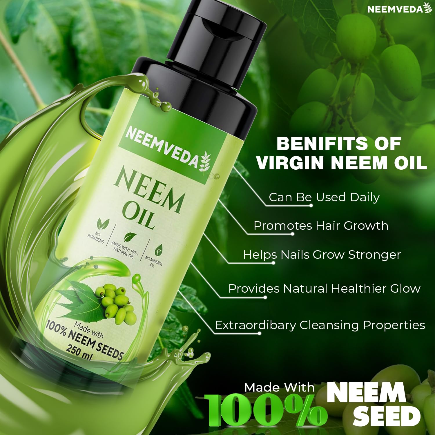 Neemveda Virgin Neem Oil 250 ml, Cold Pressed, Pure, Natural, Unrefined, Vegan, for Hair Skin, Nail, Scalp, Body - Image 4