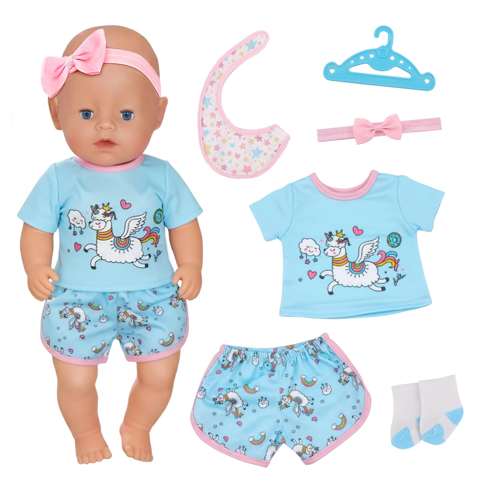 6 Pcs Baby Doll Clothes for 14-18 Inch Baby Doll, Doll Clothes for 30-45cm Baby Dolls Sweet Rainbow Pony Summer Outfit Set with Bib Hanger Socks and Hairband Newborn Baby Clothes for Kids Present