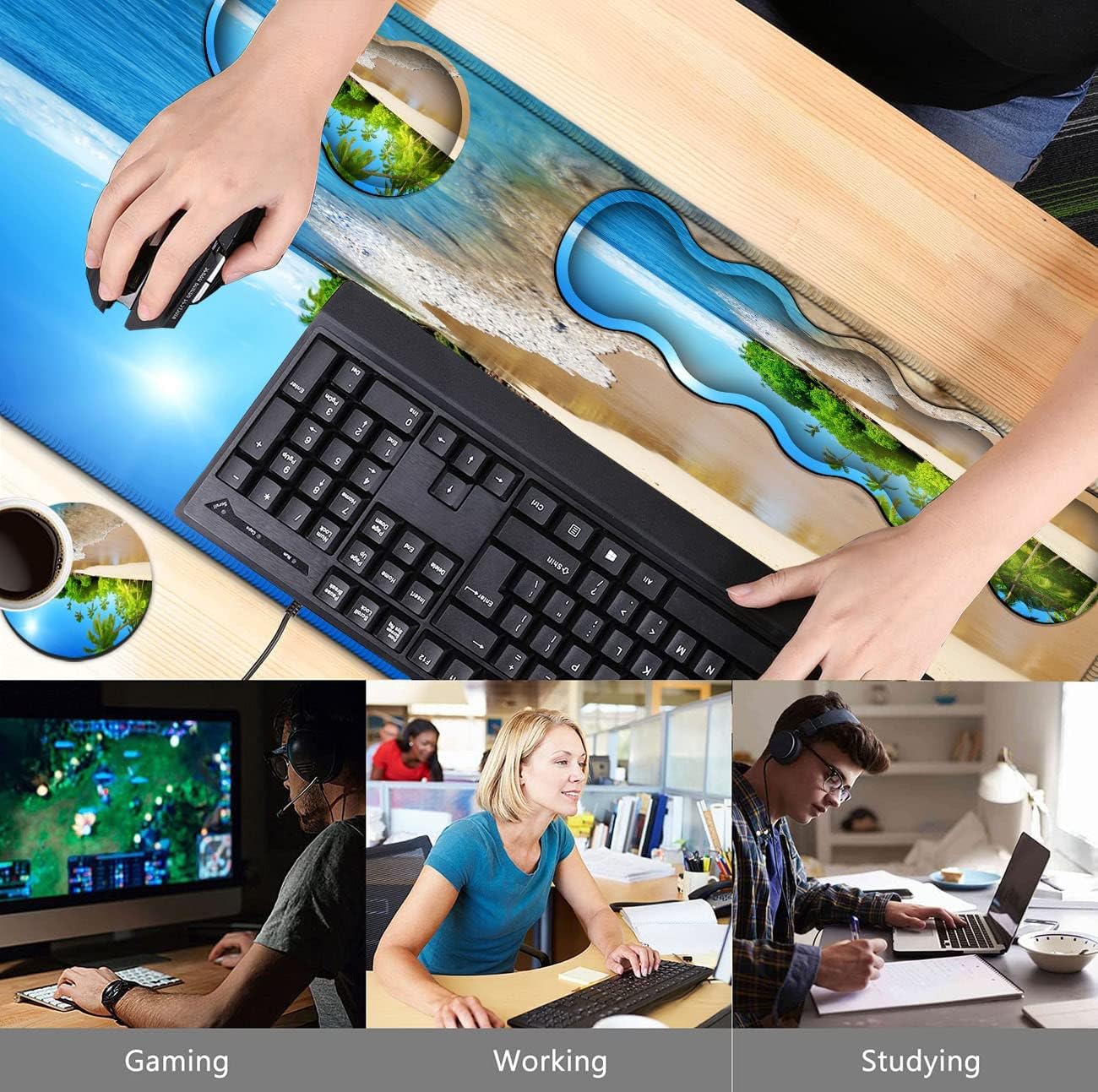 Office Desk Pad, Large Mouse Pad(31.5" x 11.8") Laptop Desk Table Protector Extended Writing Mat, Ergonomic Memory Foam Keyboard Wrist Rest Support,Tropical Palm Sea Beach View Gaming Mouse Pad Set