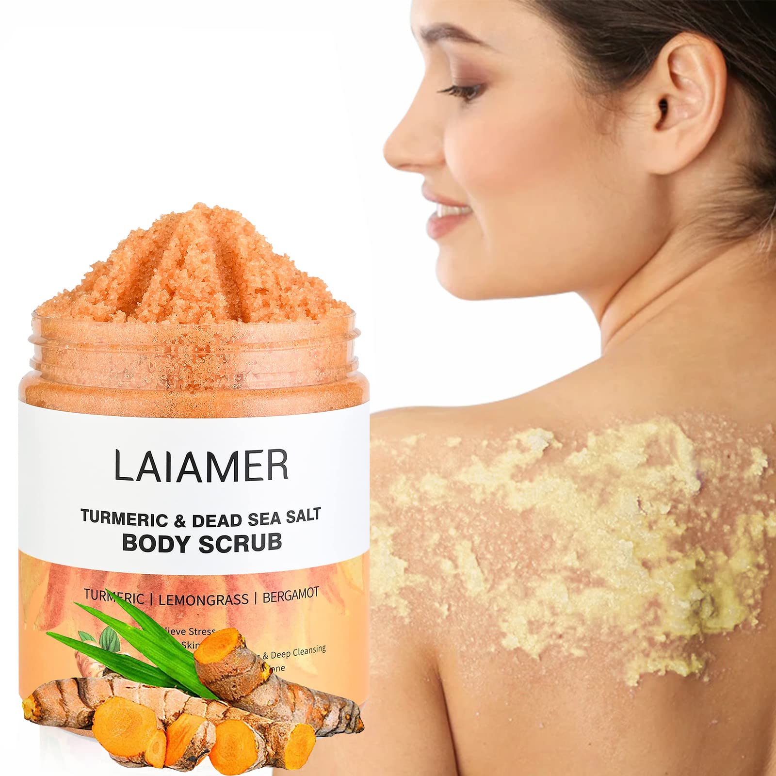 LAIAMER Turmeric Body Scrub, high-quality sea salt scrub, contains Chinese herbal ingredients, moisturizing and nourishing skin scrub, applicable to all parts of the body, exfoliating and nourishing the skin (10.5 oz)