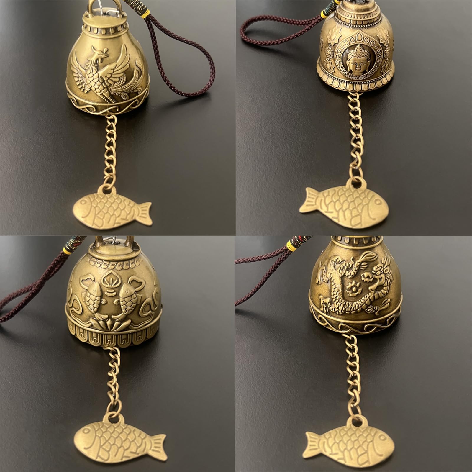 4 Pezzi Campanelli Eolici Feng Shui, Campanelli Eolici Cinesi Fengshui, Motivo Pesce Drago, Vintage Campana d'Epoca, per Giardino di Casa