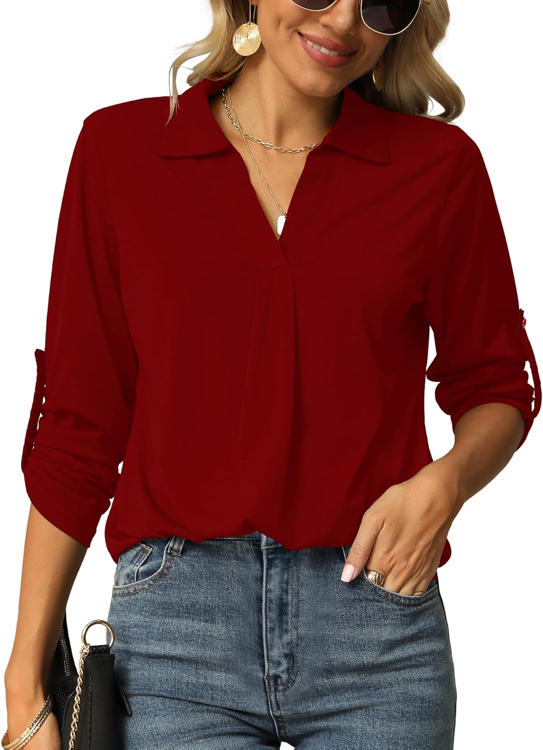 Odosalii Womens Casual V Neck Tunic Blouses Rolled Up Sleeve Basic Top Plain Shirts