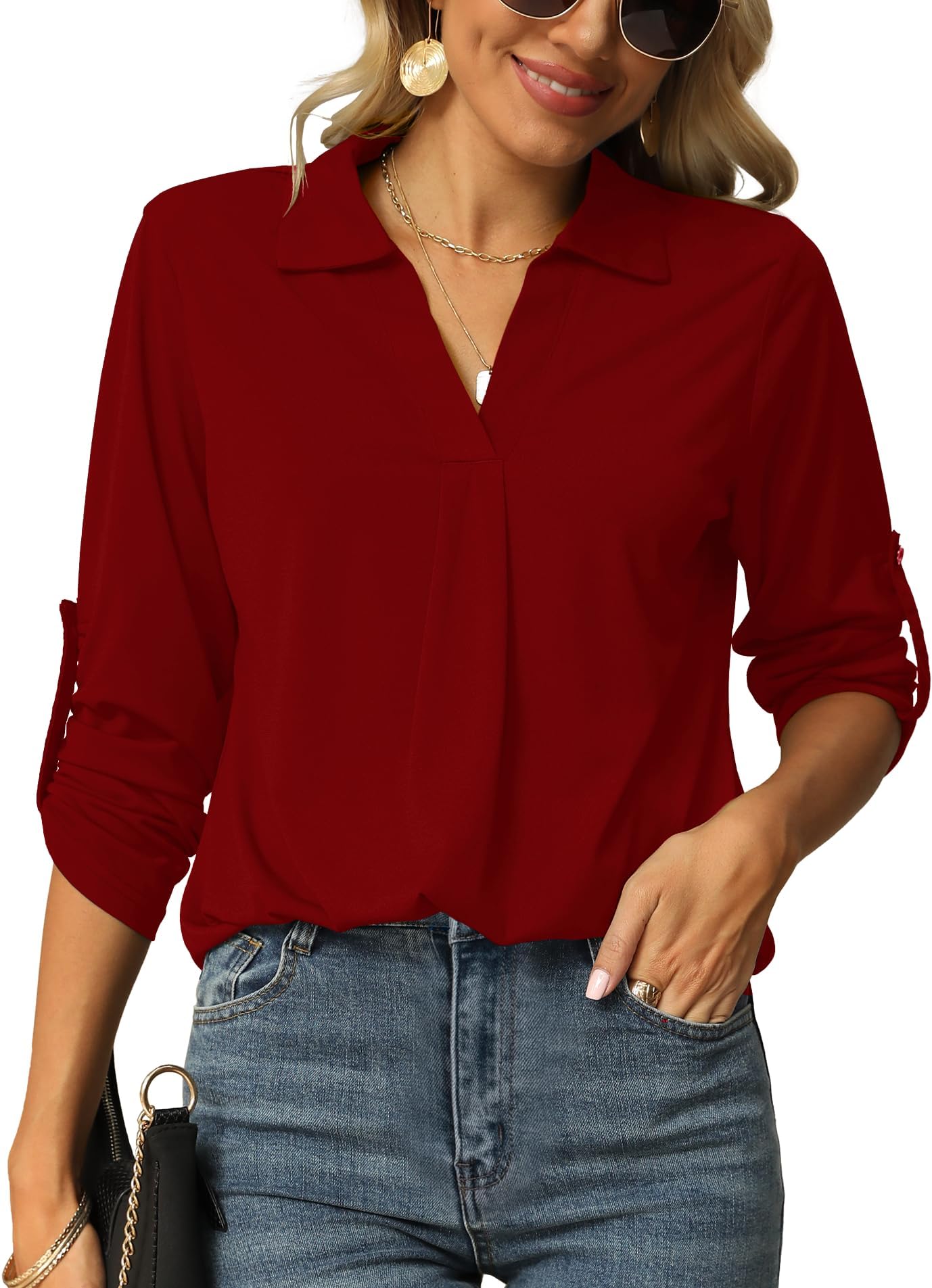 Womens Casual V Neck Tunic Blouses Rolled Up Sleeve Basic Top Plain Shirts
