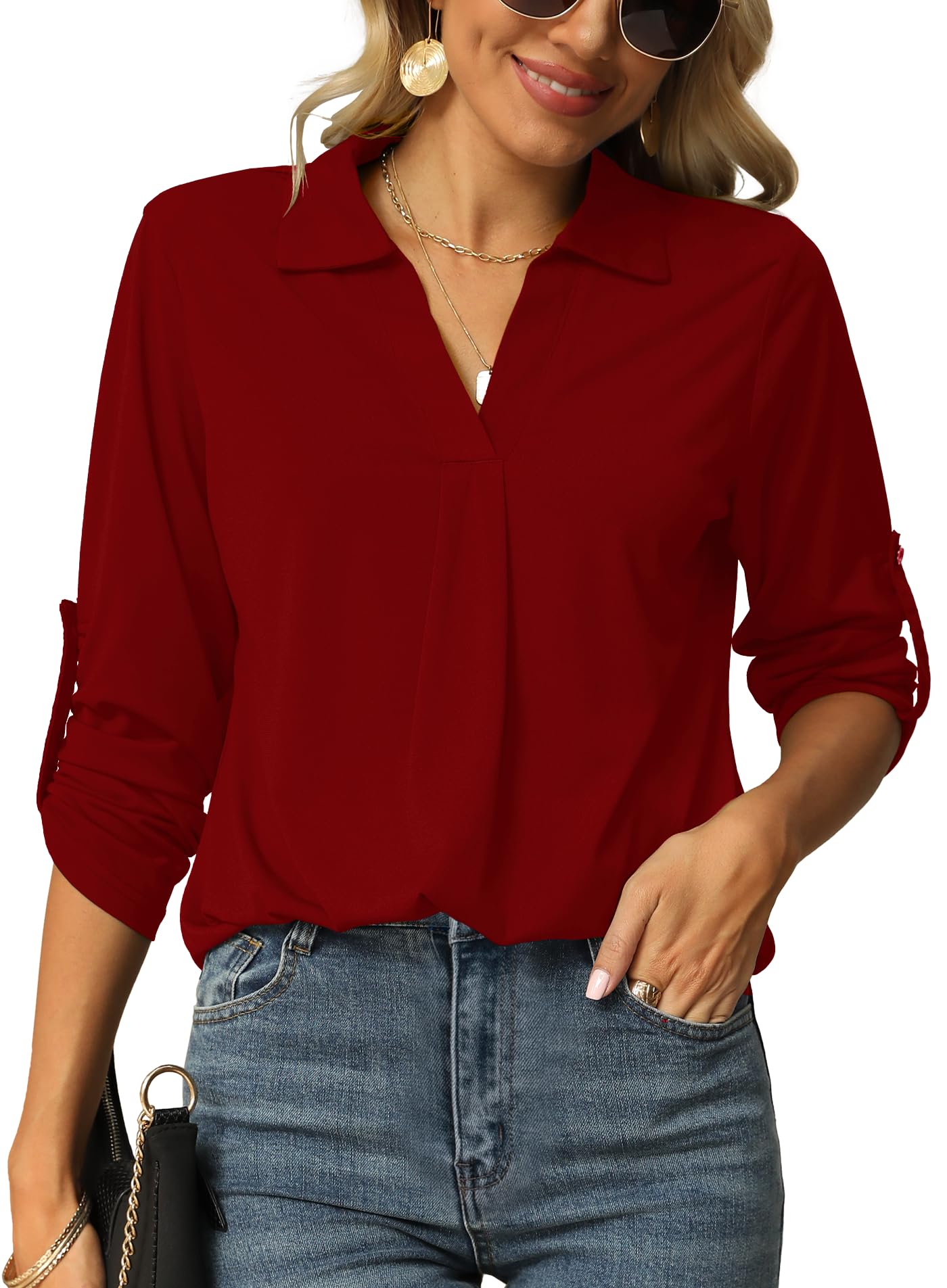Womens Casual V Neck Tunic Blouses Rolled Up Sleeve Basic Top Plain Shirts
