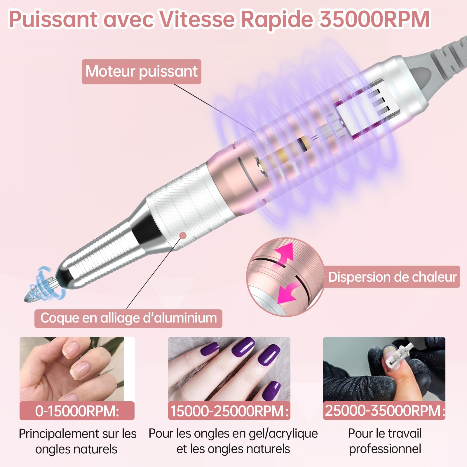 Delanie Ponceuse pour Ongles Professionnelle 35000 RPM Portable Rechargeable Avec Affichage LCD et 6 Embouts Ponçage pour Pédicure Manucure, Puissante, Silencieuse pour Salon/Maison
