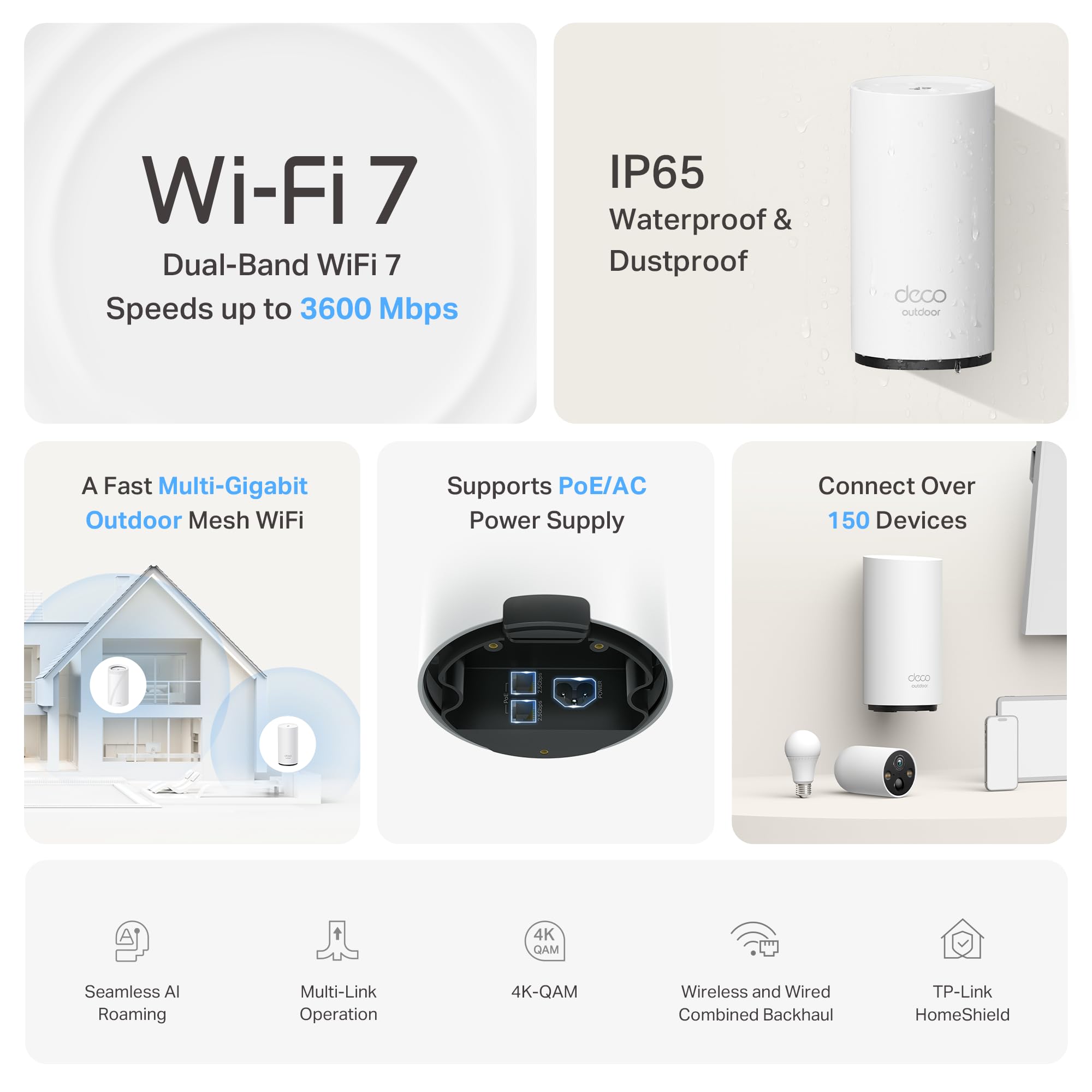 TP-Link Wi-Fi 7 Deco BE25-Outdoor Mesh WiFi BE3600Mbps, punkt dostępowy zewnętrzny, dwuzakresowy, 2 porty 2,5Gbps, IP65, 4 anteny wewnętrzne, odporność na kurz/wodę, montaż na słupie/ścianie