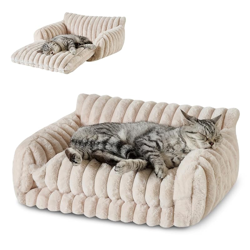 Sofá-cama para gatos Hollypet com almofada dupla e espuma tipo caixa de ovo Cream, 53,34 x 38,1 x 20,32 cm