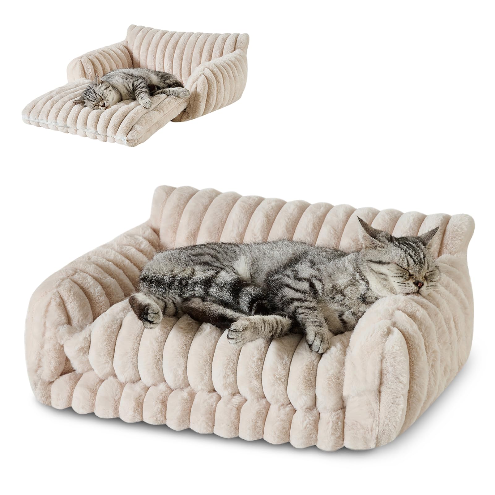 Hollypet Cat Bed Fluffy Plush Mutifuctional Double-Layer Soft Pet Couch Orthopedic Sofa Nest Beds for Small Cats and Dogs, Cream (21x15x8 inch) — image 1
