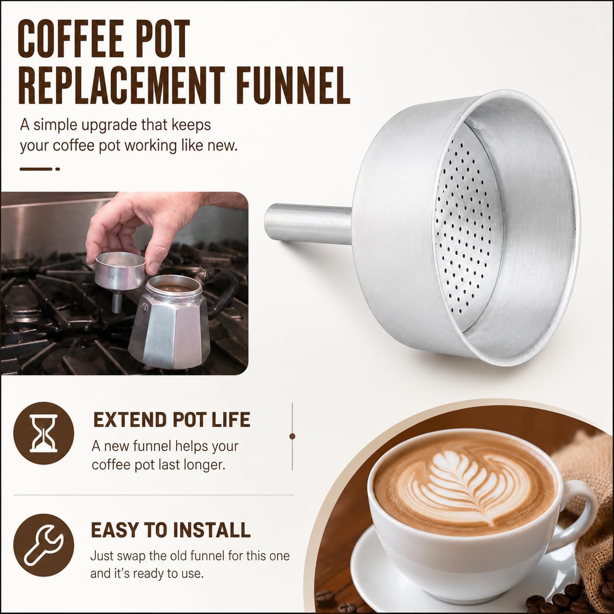 Moka Pot Funnel Replacement(1 Pcs 6-Cup),Moka Pot Accessories,Coffee Pot Replacement Funnel Fits for Mocha Coffee Maker Pot 6-Cup image 5