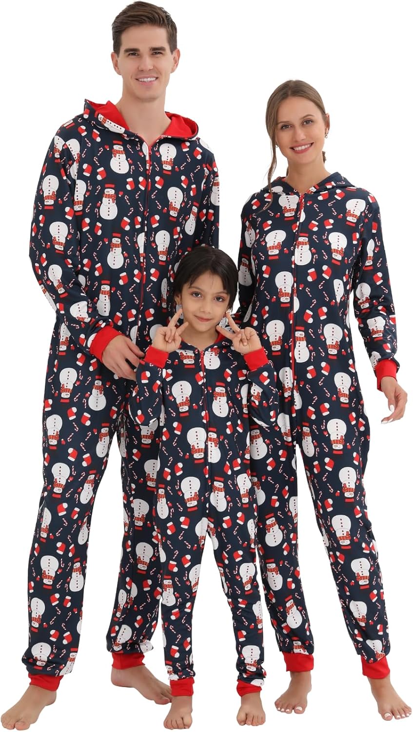 Matching Christmas Onesie Pajamas for Family/Couples, Cute Printed One-piece Pjs, Xmas Holiday Adult Hooded Sleepwear