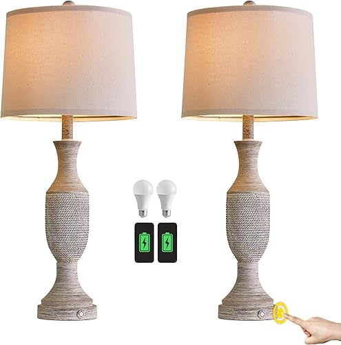 Miniatura 7 de OYEARS Juego de 2 lámparas de mesa regulables de 3 vías con control táctil de 21.75 pulgadas, lámpara retro de granja con puerto USB A+C, lámpara de