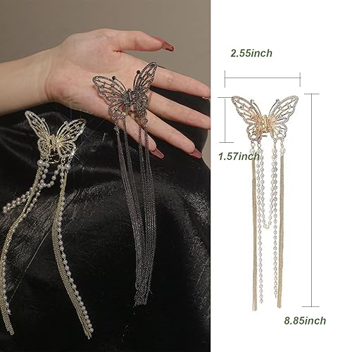 Miniatura 4 de Pinzas para el cabello de mariposa con diamantes de imitación de cristal, cadena para el cabello con borla dorada y plateada, accesorios para el