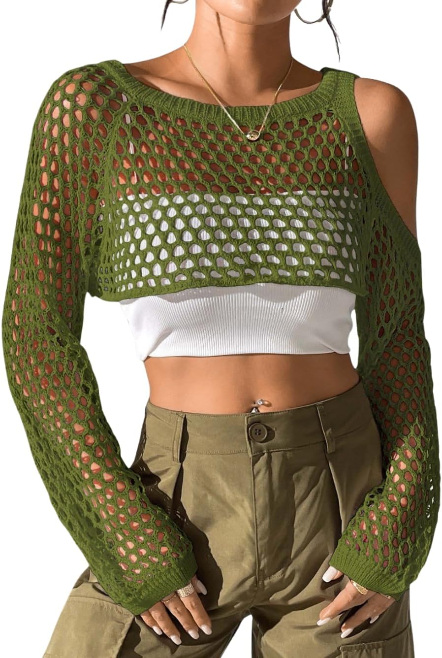 ChiaoLezhee Women's 2000s Crochet Crop Top, Cold Shoulder Fishnet Shrug Sweater for Summer Music Festival Concert (Fits 0-12)
