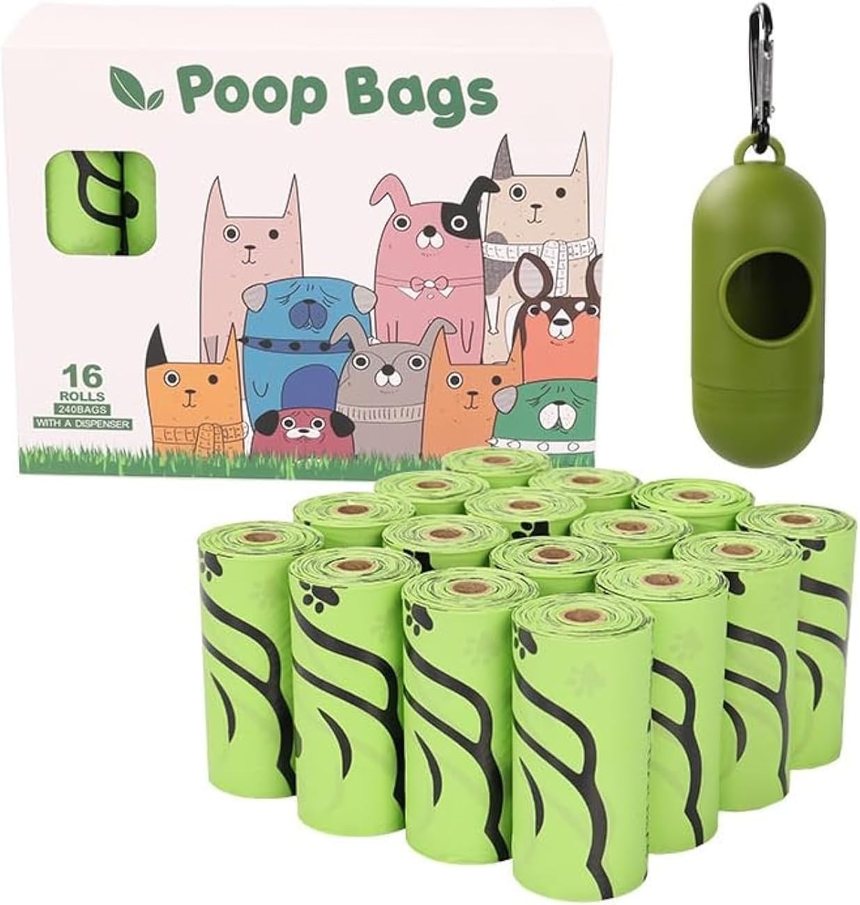 240 Dog Poop Bags | Certified Compostable| Eco-friendly Pet Waste Bags with Dispenser |16 Rolls of Plant Based, Extra-thick, leak-proof and odor-proof Bags | Good for Dogs, Cat’s Litter, Kid’s Diapers