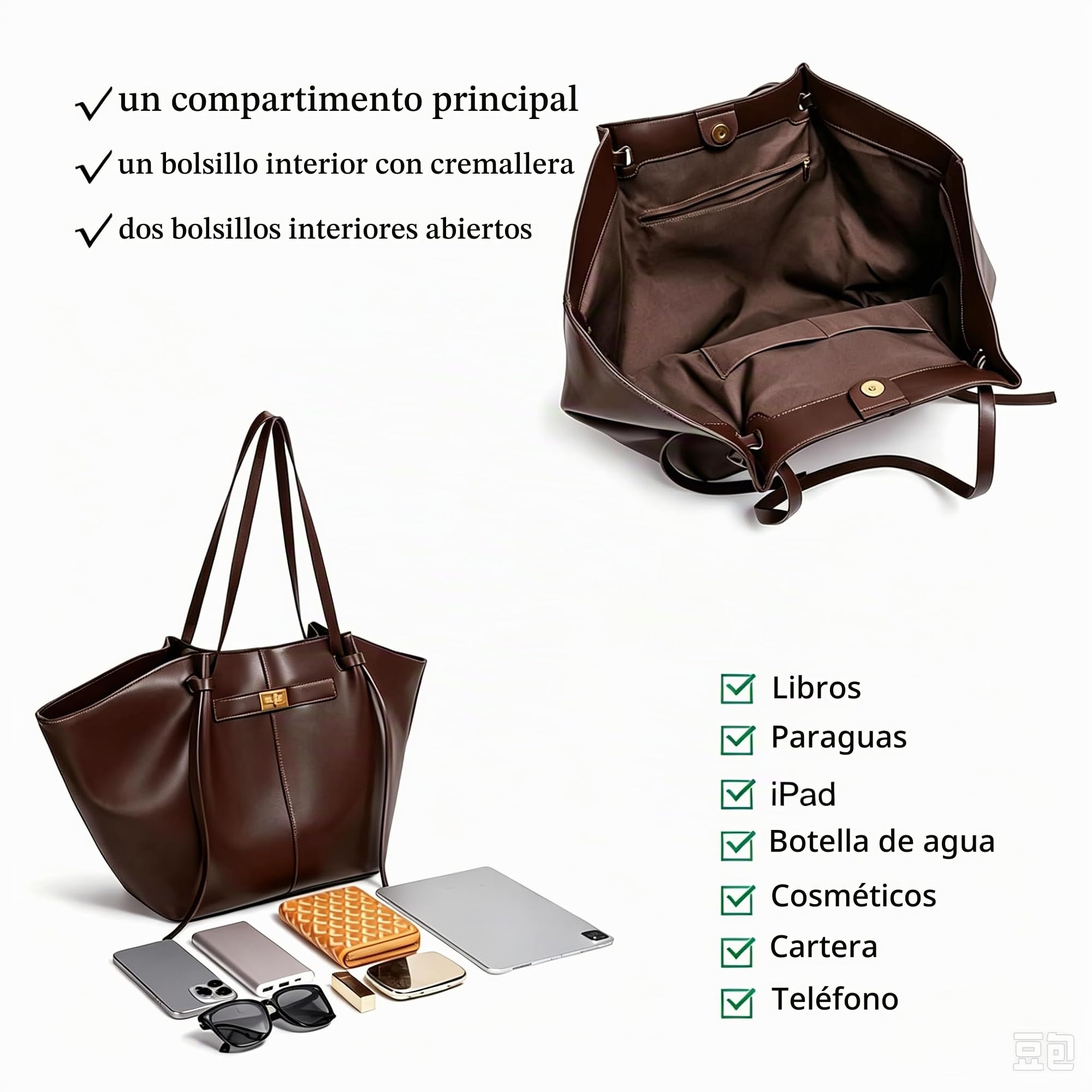 Bolsa Tote Mujer Gran Capacidad, Bolso de Hombro de Piel Sintética Elegante, Bolso Shopper Tote Bag, Elegante Bolso de Mano para Oficina, Viaje, Universidad y Salidas Diarias