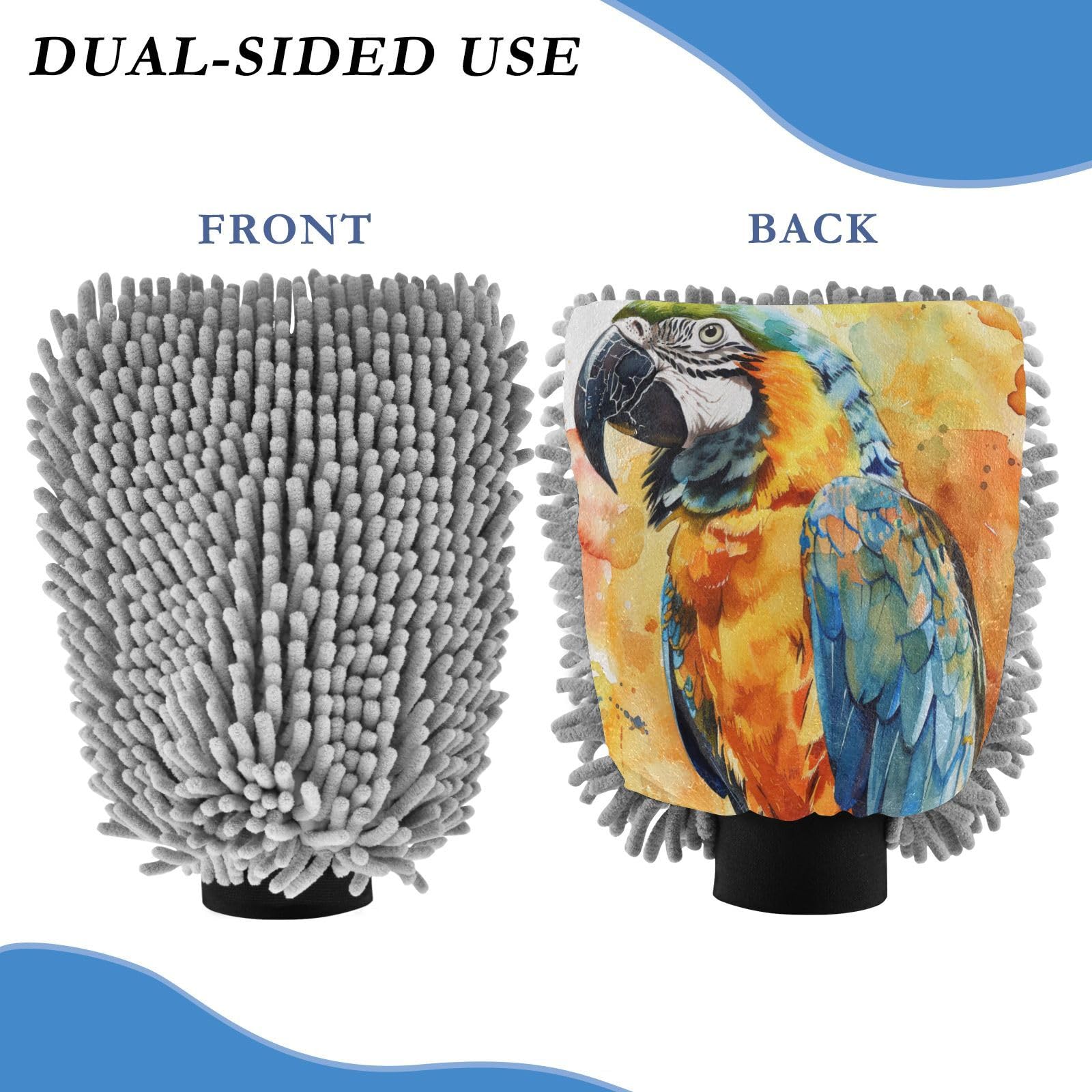 ALAZA Watercolor Parrot Portrait Car Wash Mitt Scratch Free, 2 Pack Absorbent Microfiber/Chenille Washing & Drying Mitts, M