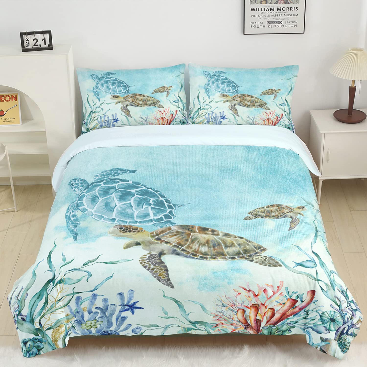 CVHOUSE Sea Turtle Duvet Cover Twin Size,Ocean Watercolor Bedding Set for Kids Teens,Beach Comforter Cover,1 2 Pillowcases 3 Piece Twin 71'x87'