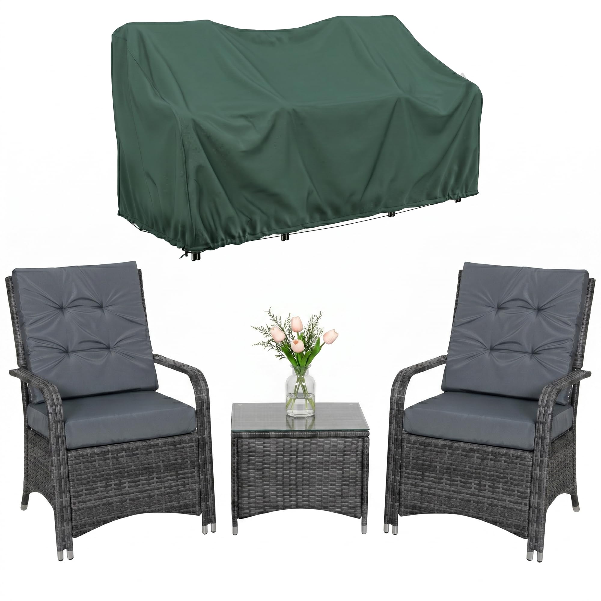 Outsunny 3 Pieces Rattan Bistro Set with Furniture Cover, Wicker Garden Furniture Set, Glass Top Coffee Table and Chairs with Cushions for Outdoor, Patio, Balcony, Grey