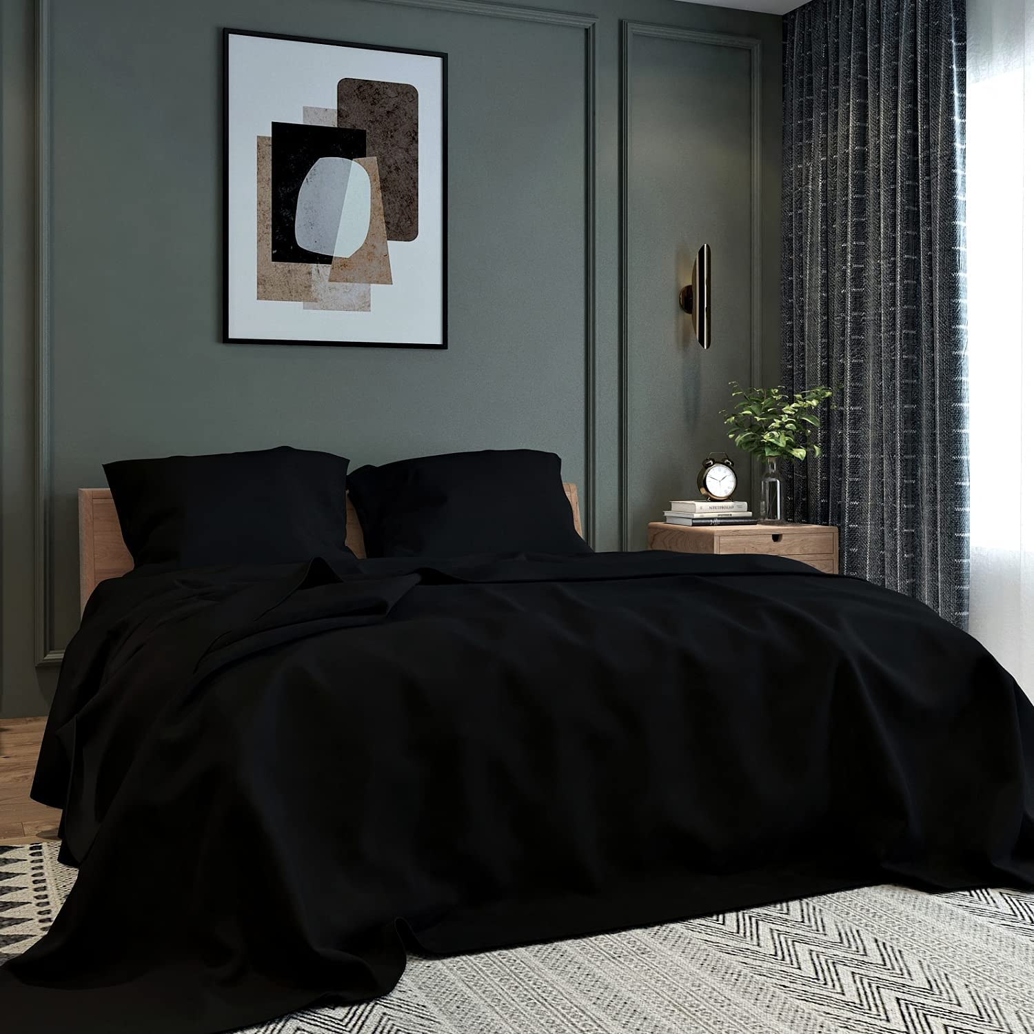BELVOSTUM 144TC Microfiber Double Bedsheet Set | Queen Size 90x100 Inch | Soft, Wrinkle-Free & Breathable | 1 Bedsheet + 2 Pillow Covers | Solid Black